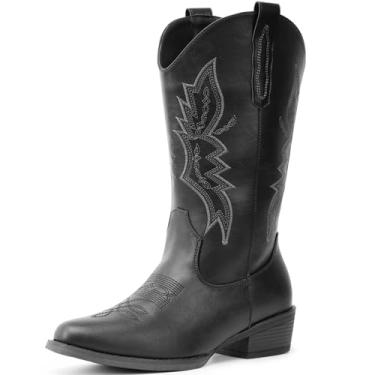 Imagem de IUV Botas femininas caubói, botas de cowgirl, bico fino, cano médio, Preto e cinza largo, 6 Wide