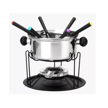 Imagem de Kit Fondue 11 Peças, Panela em Inox 22cm com Base Giratória, 6 Garfos Coloridos, Suporte e Queimador