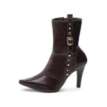Imagem de EMILY ONLINE, Bota Feminina Cano Médio Bico Fino Salto Alto Fino 9cm em Napa com Zíper e Fivelas - Moda Inverno, Confortável e Estilosa (Marrom, BR, Adulto, Numérico, 37)