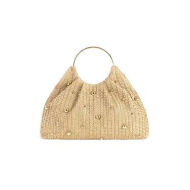 Imagem de MakeMeChic Bolsa feminina com contas de palha franzida com alça redonda bolsa clutch, Caqui, One Size