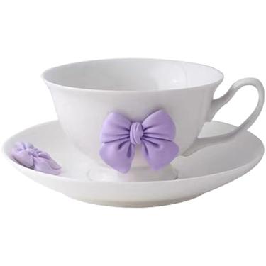 Imagem de Disoza Conjunto de canecas de café arco com pires 200 ml caneca de coquete laço de porcelana fofo xícara de chá café para mulheres meninas