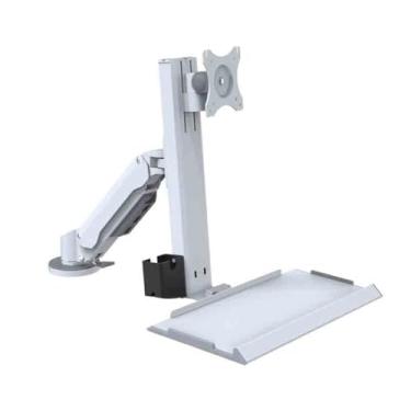 Imagem de Braço para monitor Suporte de monitor giratório ajustável com braço único e bandeja para teclado e mouse projetada Suportes ajustáveis ​​para monitor