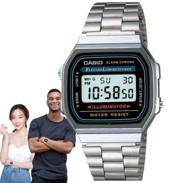 Imagem de Relógio de Pulso Casio Feminino Masculino Digital Aço Inóx Vintage Resisetente Água Quadrado Pequeno Casual Prata A168WA-1WDF