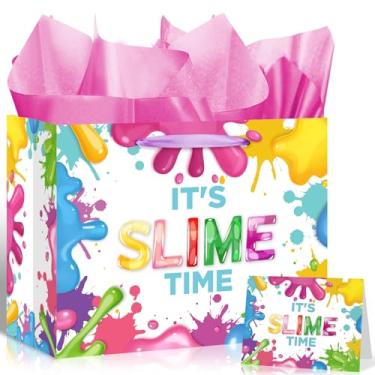 Imagem de Bolsa de presente de aniversário de geleca para crianças e adolescentes, bolsa de presente com respingos, papel de embrulho, cartão de felicitações, tinta colorida, presente para decoração temática