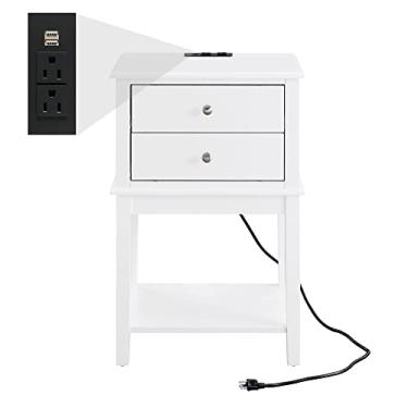 Imagem de WOODEEM Cabeceira branca com estação de carregamento e portas USB, mesa lateral alta com 2 gavetas para sala de estar, escritório em casa, mesa de extremidade branca grande (branca com estação de carregamento)