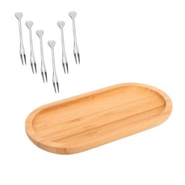 Imagem de Kit petisqueira oval bambu 31,5cm e 6 garfinhos bandeja - clink