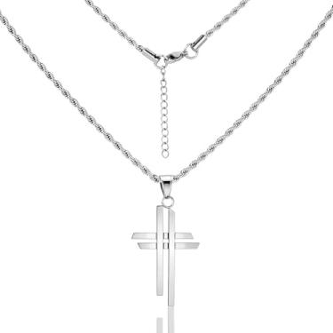 Imagem de Colar de cruz banhado a ouro para homens, colares de aço inoxidável com cruz dupla para mulheres, pingente moderno de crucifixo de aço inoxidável com corrente de 53 cm, Aço inoxidável, Sem Pedra