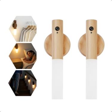 Imagem de Kit 2 Luminária LED de Parede Moderna, Cabeceira Cama, Design em Madeira e Branco, 2 Peças, para Quarto, Closet e Escada. Magnética Usb Sensor Movimento. (esc)