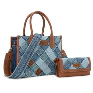 Imagem de Montana West Wrangler 2 bolsas femininas com alça superior e carteira clutch, Jeans, Medium