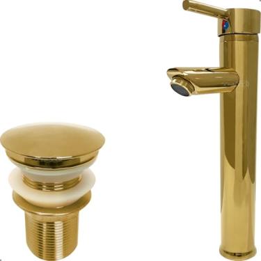 Imagem de Dona D Cor, Kit Torneira Dourada Banheiro Bica Alta Redonda Inox Monocomando Misturador e Válvula Click 1 1/4 Escoamento Lavabo Pia Ralo Gold Luxo 40mm