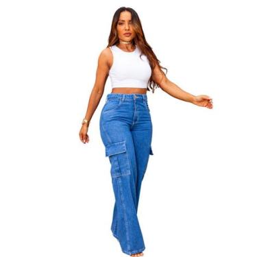 Imagem de Calça Cargo Jeans Feminina Wide Leg Pantalona - Razon Jeans, 38, Azul
