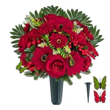 Imagem de HENOMO Flor de lápide de cemitério Ariticial - Decorações de túmulos ao ar livre, buquê misto de rosa de seda artificial e margaridas de gérbera de Natal para lápides (vaso incluído)