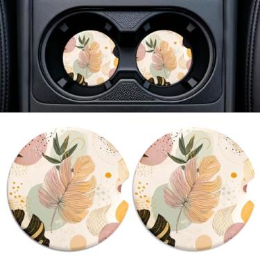 Imagem de Rueneaj Porta-copos de cerâmica para carro, pacote com 2, porta-copos antiderrapante de 6,5 cm com base de cortiça e entalhe de dedo, acessórios de carro fofos engraçados para mulheres, folha boho