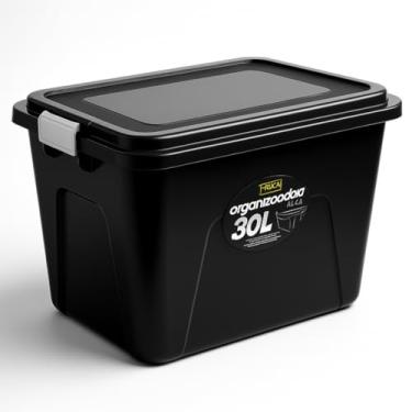 Imagem de Caixa Organizadora Plástica Linha Black, 30 Litros, Preta, Empilhável com Tampa e Travas de Segurança, para Casa, Escritório e Garagem
