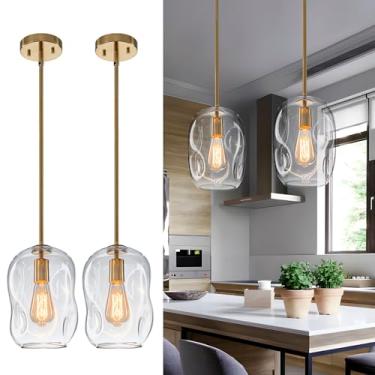 Imagem de GoYeel Luzes pendentes - Lâmpada suspensa de vidro dourado escovado, pacote com 2, moderna feita à mão orgânica de luzes pendentes de vidro, ilha da cozinha