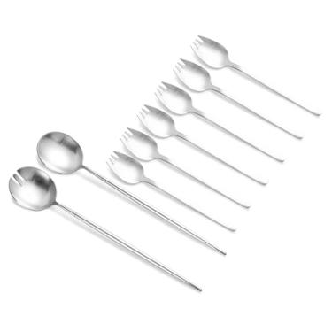 Imagem de Zerophilo Conjunto de 8 peças de prata para servir salada – Colher e garfo de aço inoxidável de 29 cm com 6 garfos de salada, revestimento de titânio, pode ser lavado na lava-louças para