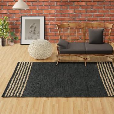Imagem de GRUHUM Tapete de área de juta 2,7 x 3,7 m - fibra natural preto retangular couro trançado à mão Boho fazenda macio trançado rústico tapetes vintage para ambientes internos ecológicos sala de estar,