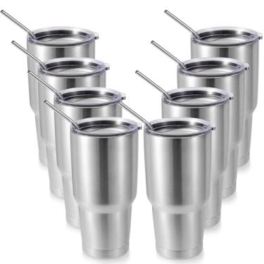 Imagem de Volhoply Caneca isolante de 900 ml com tampa e canudo pacote com 8, canecas de café de viagem de parede dupla para bebidas quentes/frias, cabe em porta-copos de carro, sem BPA (prata, 8