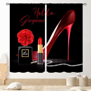 Imagem de Cortinas pretas modernas, sapatos de salto alto para mulheres, meninas, perfume moderno, floral, maquiagem, batom, romântico, rosa, janela, cortina, tratamentos para quarto, sala de estar, banheiro, 2