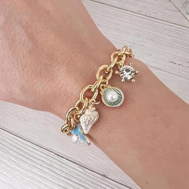 Imagem de Pulseira feminina com berloques de verão e praia, joias para mulheres, Medium, Latão, Sem Pedra Preciosa