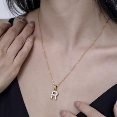 Imagem de Colar com pingente de cristal banhado a ouro 18 K - joia com monograma de strass para presentes personalizados e uso diário, F, Aço inoxidável, Sem Pedra Preciosa