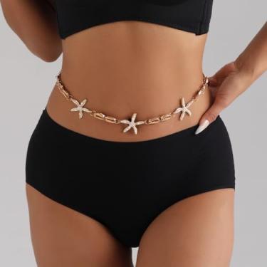Imagem de Corrente de cintura de estrela do mar para mulheres boho concha barriga corrente de verão praia pérola cintura joia corporal, Medium, latão, Sem Pedra Preciosa