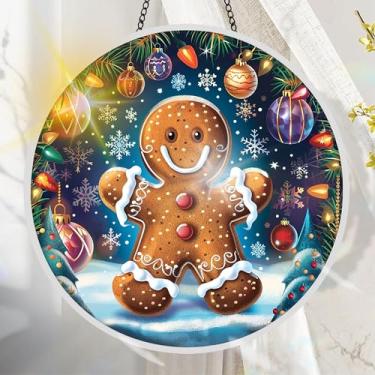 Imagem de Apanhador solar de acrílico colorido, decoração de janela suspensa de pão de gengibre com design de vitral impresso, apanhador de sol, arte de parede de arco-íris, ornamentos de Natal para uso interno