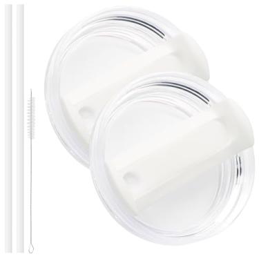 Imagem de Zorfeter Pacote com 2 tampas brancas de substituição, tampa de copo à prova de vazamento, tampa de copo resistente a derramamentos para copo Stanley de 1,134 g com 2 canudos longos reutilizáveis e 1