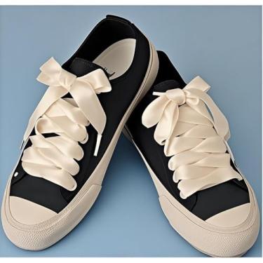 Imagem de 2 pares de cadarços de fita de cetim de 9,5 cm de largura para tênis, botas de skate, sapatos esportivos de substituição, Creme, One Size