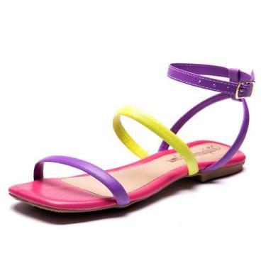 Imagem de Sandalia Rasteira Feminina Tiras Coloridas Ajuste Fivela de Metal Pami