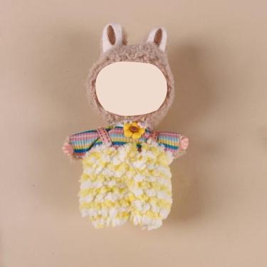 Imagem de Compatível com Labubu 15 cm/17 cm (boneca não incluída) - macacão felpudo amarelo e conjunto de top listrado colorido, roupa de boneca fofa com detalhe de flor (listras amarelas)