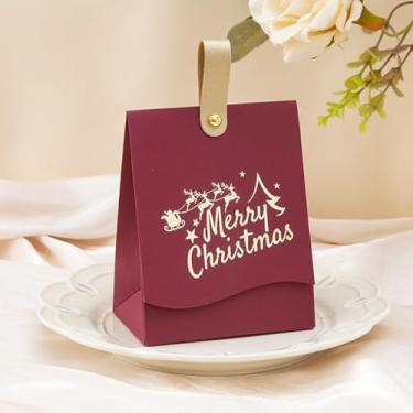 Imagem de 5 caixas de presente de Natal com alças de couro – design festivo de árvore vermelha, branca e verde para biscoitos, doces, chocolates e pequenos presentes, embalagem decorativa elegante (bordô - 5