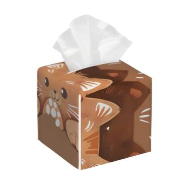 Imagem de Capa quadrada de couro para caixa de lenços de papel, impermeável, gato, fofo, marrom, organizador de papel facial com cinto inferior, estojo de lenços para mesa, banheiro, escritório, mesa, carro