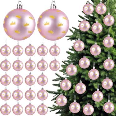 Imagem de 24 peças de enfeites de bola de Natal rosa de 6 cm 2025 com estampa de coroa de princesa dourada para decoração de árvore de Natal de plástico inquebrável para festa de filme de bruxa, decoração de