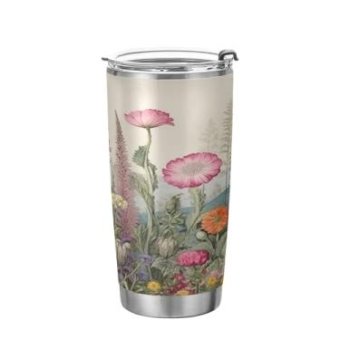 Imagem de xigua Copo de flores silvestres de jardim aquarela com tampa de palha, caneca de viagem a vácuo de parede dupla, caneca de café bem isolada, copo de aço inoxidável para bebidas quentes e frias, 600 ml
