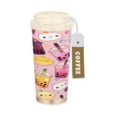 Imagem de Blueangle Caneca de café de viagem com isolamento Kawaii Bubble Tea - Copo de aço inoxidável à prova de derramamento e vazamento para acampamento e atividades ao ar livre, garrafa de água reutilizável