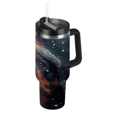 Imagem de Blueangle Copo Rottweiler de 1,134 g em um chapéu de Natal com alça e tampa de palha, caneca de viagem de aço inoxidável isolada a vácuo de parede dupla, garrafa de água reutilizável para academia de
