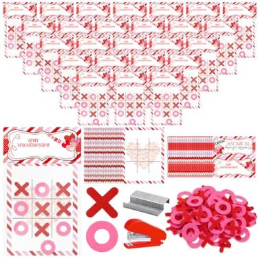 Imagem de 24 conjuntos de cartas de jogo de Dia dos Namorados Tic Tac Toe cartões de corações vermelhos com grampeador sacos tique-tac toe para decorações de dia dos namorados, presentes de festa de aniversário