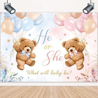 Imagem de LIGHTINHOME Urso pano de fundo revelador de gênero 18,5 cm L x 1,5 cm A pés ele ou ela rosa ou azul Boho balões florais We Can Bearly Wait chá de bebê fotografia decoração de fundo cabine de fotos estúdio adereço tecido