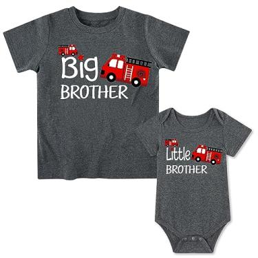 Imagem de Funnycokid Conjunto de camisetas Big Brother Little Brother combinando Big Bro Little Bro, Caminhão de bombeiros, Kid(5T)/Baby(3-6 M)