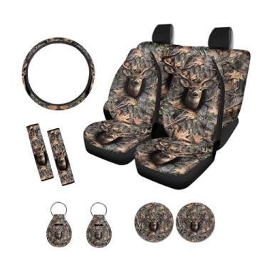 Imagem de Xoenoiee Hunting Elk Forest impressão camuflada 11 peças acessórios de carro capa de assento conjunto completo, capa de volante, capa de assento dianteiro e traseiro, almofadas de cinto de segurança,