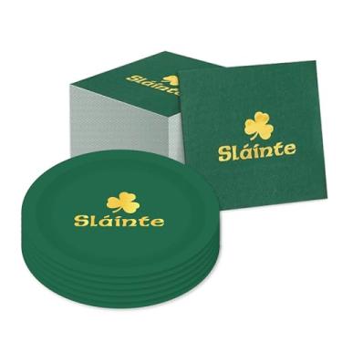 Imagem de Whaline Kit de artigos de festa do Dia de São Patrício em folha de ouro verde Slainte Shamrock, conjunto de utensílios de mesa descartáveis, prato de guardanapo de papel para 24 convidados, catering