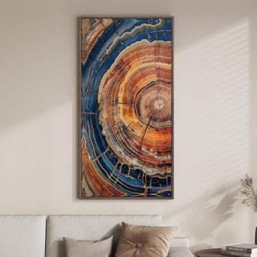 Imagem de Arte de parede de anel de árvore colorida vertical emoldurada para sala de estar, arte em tela grande vintage de toco de madeira para paredes, pintura de anel de árvore de natureza rústica impressão