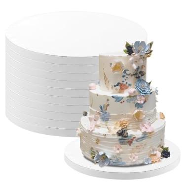 Imagem de Pacote com 10 tábuas de bolo redondas de 35,5 cm, tambores brancos de 1,27 cm de espessura, base de bolo de papelão ondulado para bolos multicamadas, suprimentos resistentes de decoração de bolos