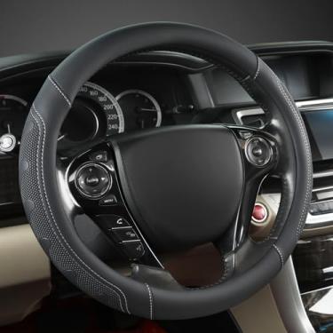 Imagem de GIANT PANDA Capa de volante de couro de microfibra para Honda Accord, Civic, CR-V, HR-V, Pilot (tamanho padrão da linha preta + cinza)