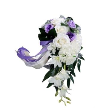 Imagem de Buquê de casamento com cachoeira rosa - Arranjo de flores de dama de honra para festa de casamento (Roxo)