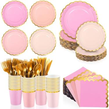 Imagem de Kochorie 140 peças de artigos de festa rosa para 20 convidados, conjunto de louça descartável, inclui pratos recortados, guardanapos, copos, talheres, talheres, utensílios de mesa, para festa de