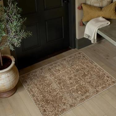 Imagem de HUGEAR Tapete de entrada 5 x 7 cm vermelho tijolo pequeno tapete lavável à máquina tapete de porta floral vintage tapete de pilha baixa aspirável envelhecido tapete de entrada cozinha banheiro quarto