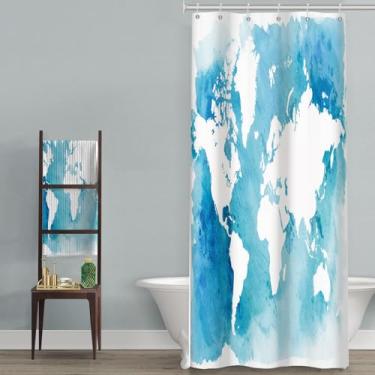 Imagem de Duluxykl Cortina de chuveiro pequena 91 x 182 cm, cortina de chuveiro com mapa do mundo azul e branco metade estreita para banheiro cortinas de banheira com mapa do mundo azul e branco acessórios de