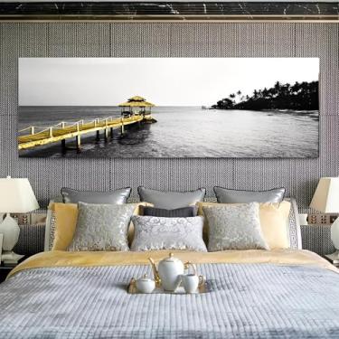 Imagem de Píer com gazebo sobre o oceano palmeiras vintage arte de parede em tela rústica - Pôster sem moldura de 30,5 x 91,4 cm - Ideia de presente para decoração de casa e escritório para sala de estar